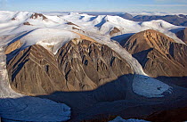 Landscape of mountains with glaciers, Tanquery Fjord, Ellesmere Island, Nunavut, Canada, August 2007.