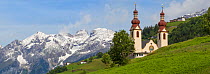 Church in the village of Fliess. Nordtirol, Austrian Alps. June. Digitally stitched panorma.