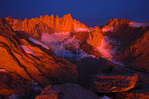 Morning light illuminates Mount Whitney, seen from Thor Peak, Sierra Nevada, California, USA, March