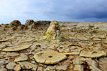 Formations caused by wind erosion, salt deposits, water and sulfurous vapors in Dallol area of Lake Assale. Danakil Depression, Afar Region, Ethiopia, Africa. November 2014.