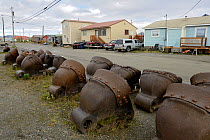 Bucket dredgers and houses of gold miners,  Sewards Peninsula, Nome, Alaska, USA, September 2015.
