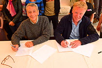 Signing Ceremony of a memorandum of understanding between the Large Carnivore Initiative and Rewilding Europe. Signed by Luigi Boitani and Frans Schepers (right). The Central Apennines Rewilding Area,...