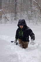 Child playing with sleds in snow during winter storm Jonas, Washington DC, USA, January 2016