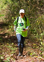 Rosamra Guillen, director of Project / Proyecto Titi, walking through tropical dry forest to look for Cotton top tamarins (Saguinus oedipus)  Colombia, February 2008. Critically endangered species.
