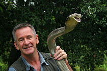 Presenter Nigel Marven holding King cobra (Ophiophagus hannah) China, May 2013. Model released.