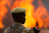 Kenya Wildlife Service (KWS) guard watching as piles of African elephant ivory are burnt. This burn included over 105 tons of elephant ivory, worth over $150 million. Nairobi National Park, Kenya, 30t...