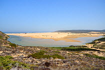 Landscape of Praia do Bordeira beach and River Bordeira, Southeastern Alentejo and Costa Vicentina National Park, Algarve, Portugal, August 2013.