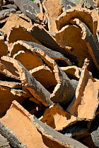 Cork oak bark freshly removed from Cork oak trees (Quercus suber) and stacked to dry out, Monchique, Algarve, Portugal, August 2013.