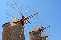 Restored windmills of the Monastery of St. John the Theologian, Chora, Patmos, Dodecanese Islands, Greece, August 2013.