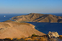Landscape of Stavros bay and Mount Prasovouno on the southern peninsula of Patmos, Dodecanese Islands, Greece, August 2013.