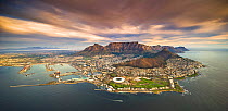 Aerial view of Cape Town city with Table Mountain, South Africa, taken from helicopter, May 2011