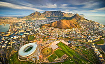 Aerial view of Cape Town city with Table Mountain, South Africa, taken from helicopter, May 2011