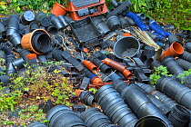 Discarded plastic garden flower pots, England, UK, August.