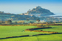 St Michael's Mount from Trencrom Hill, Cornwall, England, UK. April 2014.