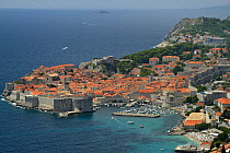 View of Dubrovnik old town and ancient city walls, Croatia, July 2014.