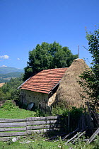 Traditional cottage and haystack in mountain village, near Foca, Bosnia and Herzegovina, July 2014.