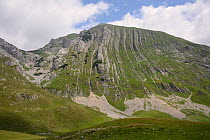 Vertically folded limestone rock layers of Prutas Mountain, Durmitor National Park, Montenegro, July 2014.
