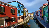 View down a canal in Burano, one of the islands in the lagoon, Venice, Italy 2016