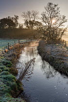 River Churn at dawn with frost, first tributary river of the River Thames, Cotswolds. April 2015.