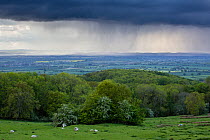 Rain storm across Gloucestershire countryside at Dover's Hill, Chipping Campden, Gloucestershire, UK. May 2015.