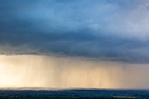 Rain storm across Gloucestershire countryside at Dover's Hill, Chipping Campden, Gloucestershire, UK. May 2015.