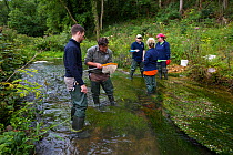 Corporate volunteers from Thames Water conducting a river bidodiversity survey on River Windrush at Brassey GWT Nature Reserve, Gloucestershire, UK. August 2015.