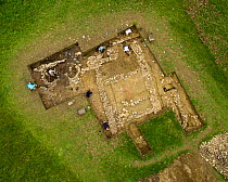 Aerial view of an archaeological dig, Hanging Hill Roman Villa, Upton Cheyney, Bath, UK. Aerial drone with CAA permit. October 2015.