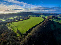 Uley Bury iron-age hill fort on Cotswold escarpment, Gloucestershire, UK. Aerial drone with CAA permit. November 2015.