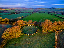 Aerial view of King's Men stone circle, part of Rollright Stones neolithic complex. Great Rollright, Oxfordshire, UK. January 2016.