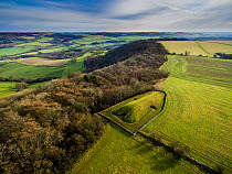 Aerial view of Belas Knap, a neolithic chambered long barrow on the Cotswold Way, Winchcombe, Gloucestershire, UK.  Shot with aerial drone by CAA permit holder. January 2016.