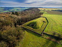 Aerial view of Belas Knap, a neolithic chambered long barrow on the Cotswold Way, Winchcombe, Gloucestershire, UK.  Shot with aerial drone by CAA permit holder. January 2016.