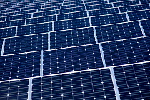 Photovoltaic panel array on a solar farm, UK.