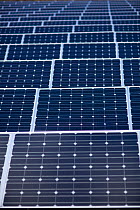 Photovoltaic panel array on a solar farm, UK.