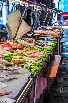 Fresh seafood for sale at Rialto market, Venice, Italy, April.