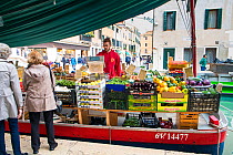 Fruit and vegetables for sale on barge, Rio de Santa Barnaba Venice, Italy, April.