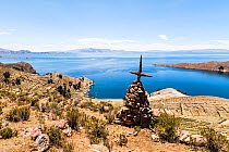 Cairn with cross on Isla del Sol, Lake Titicaca, Bolivia, December 2013.