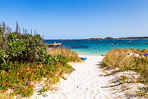Beach access at Od Grimsby, Tresco, Isles of Scilly, England. September 2015.