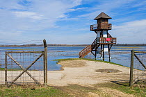 Observation tower for birdwatchers, Lake Neusiedl National park, Hansag area, Austria, April.