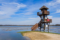 Observation tower for birdwatchers, Lake Neusiedl National park, Hansag area, Austria, April.