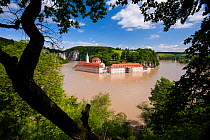 High water of the Danube, Weltenburg Monastery flooded, but protected by flood control measures, nature reserve Weltenburger Enge, Kelheim county, Bavaria, Germany, June 2013