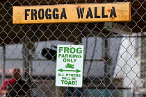 Humorous sign in Cedar Creek Corrections Center 'Frog parking only - all others will be toad'. Prisoners in this facility are raising endangered  Oregon spotted frog (Rana pretiosa) for release in the...