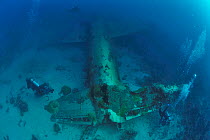 Divers diving the wreck of the Mitsubishi G4M, bomber, called Betty bomber by the Allies, Chuuk or Truk Lagoon, Carolines Islands, Pacific Ocean