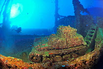 A diver above a tank laying on the deck of the wreck of the Nippo Maru, a cargo ship used as a naval auxiliary, Chuuk or Truk Lagoon, Carolines Islands, Pacific Ocean