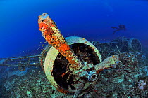 A diver on the wreck of the Bristol Blenheim bomber shot and which crashed in December 1941, Malta, Mediterranean