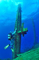 A diver on the Mariana wreck, Paros Island, Greece, Aegean Sea