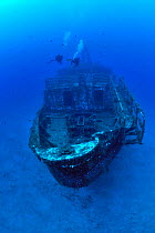 Divers on the "Karwela" wreck, a former ferry sunk in 2006, Gozo Island, Malta, Mediterranean