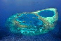 Aerial view of the coral reef which builds a lagoon in the atoll, Maldives, Indian Ocean