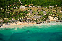 Aerial view of Tulum a Mayan a fortified city of the 10th century located near the sea, Yucatan peninsula, Mexico