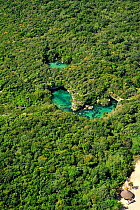 Aerial view of the cenotes, freshwater holes located all over the Yucatan peninsula, Mexico
