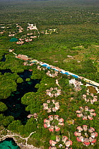 Aerial view of the tourist resorts and cenotes - freshwater holes - located all over the Yucatan peninsula, Mexico